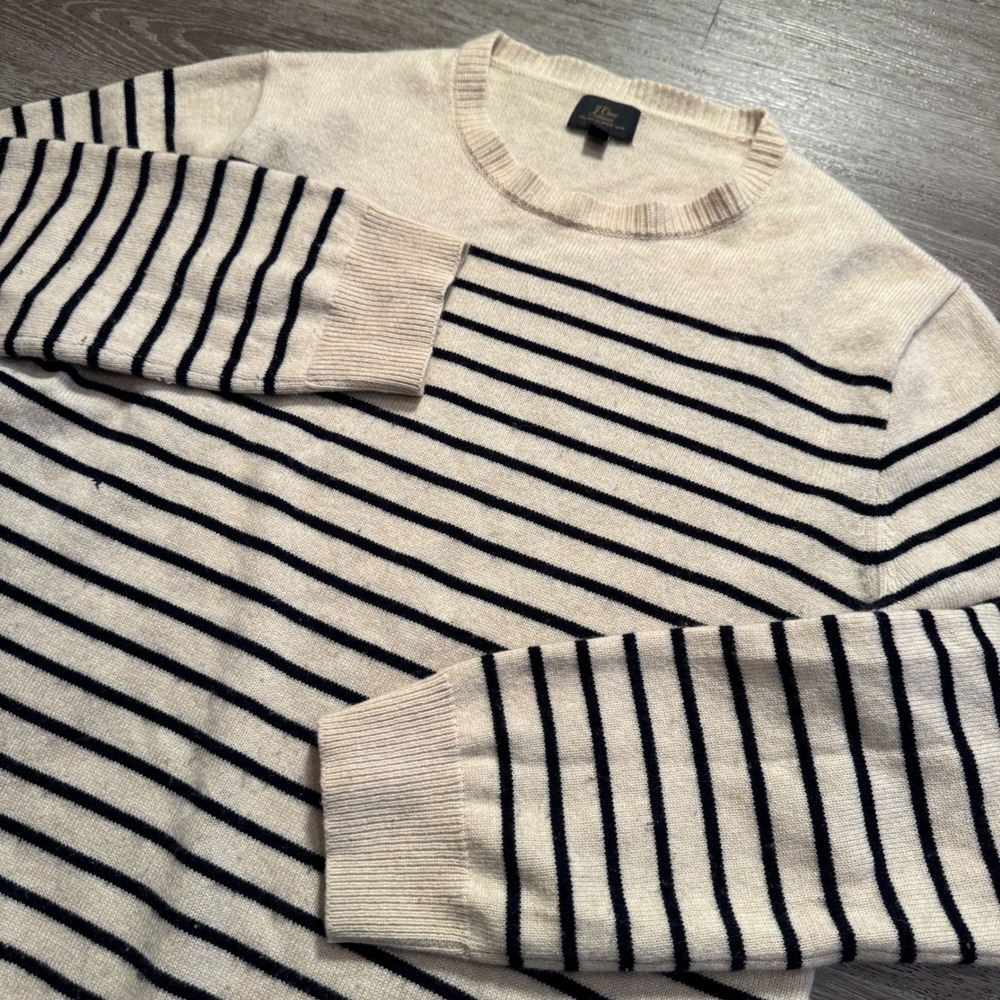 J Crew Sweater Mens M Cream Blue Striped 100% Cashmere Italian Yarn Crew Neck